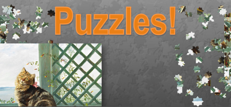 Image of cat painting and puzzle pieces with the word Puzzles at the top